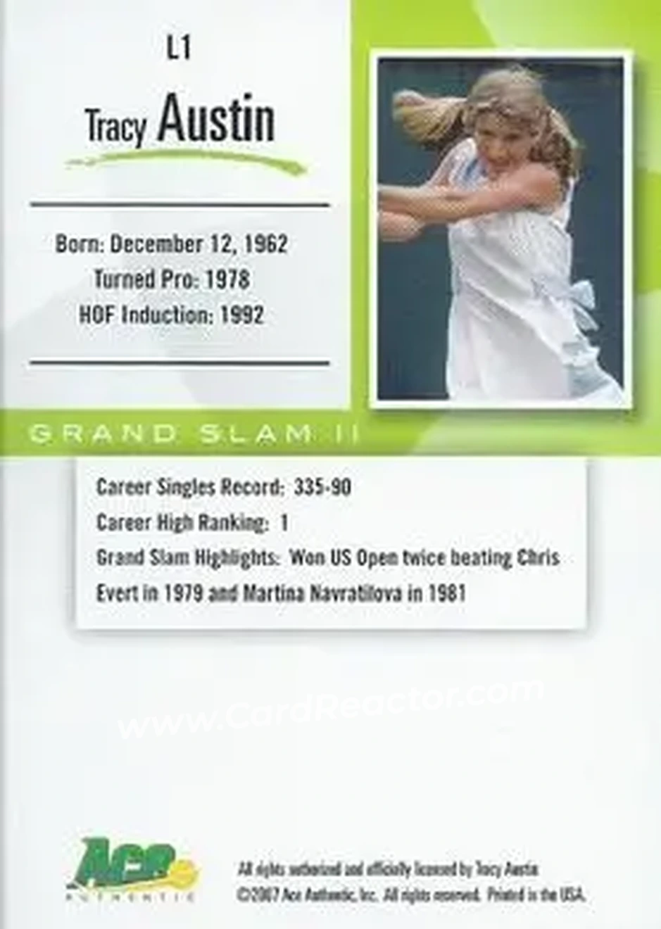 2008 Ace Authentic Grand Slam II #L1 - Tracy Austin - Back