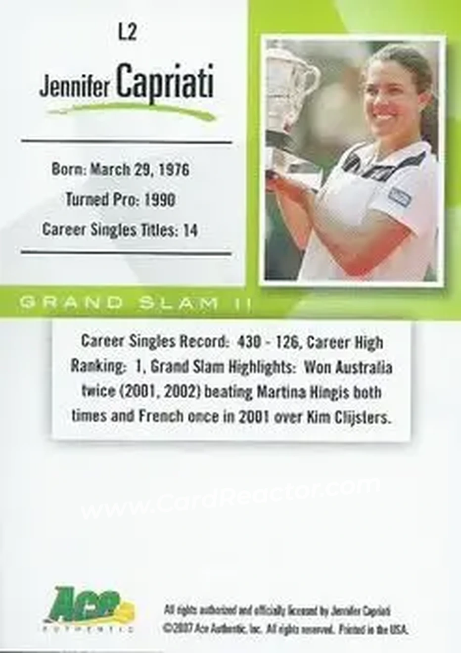 2008 Ace Authentic Grand Slam II #L2 - Jennifer Capriati - Back