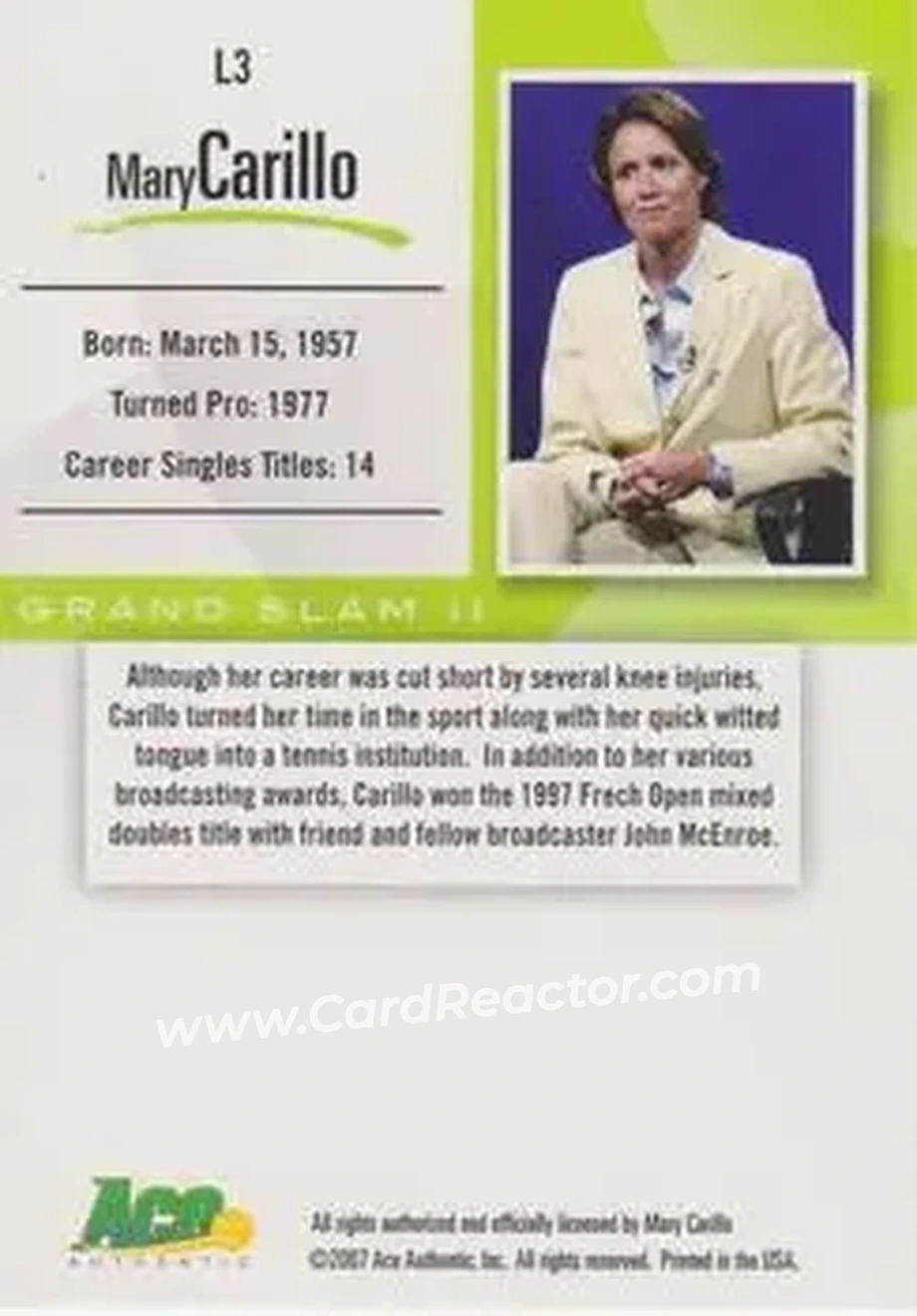 2008 Ace Authentic Grand Slam II #L3 - Mary Carillo - Back