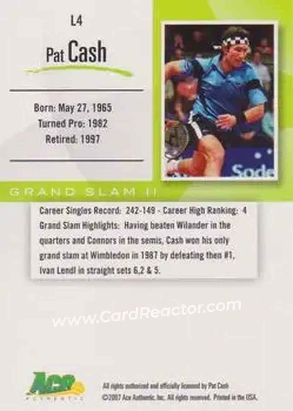 2008 Ace Authentic Grand Slam II #L4 - Pat Cash - Back