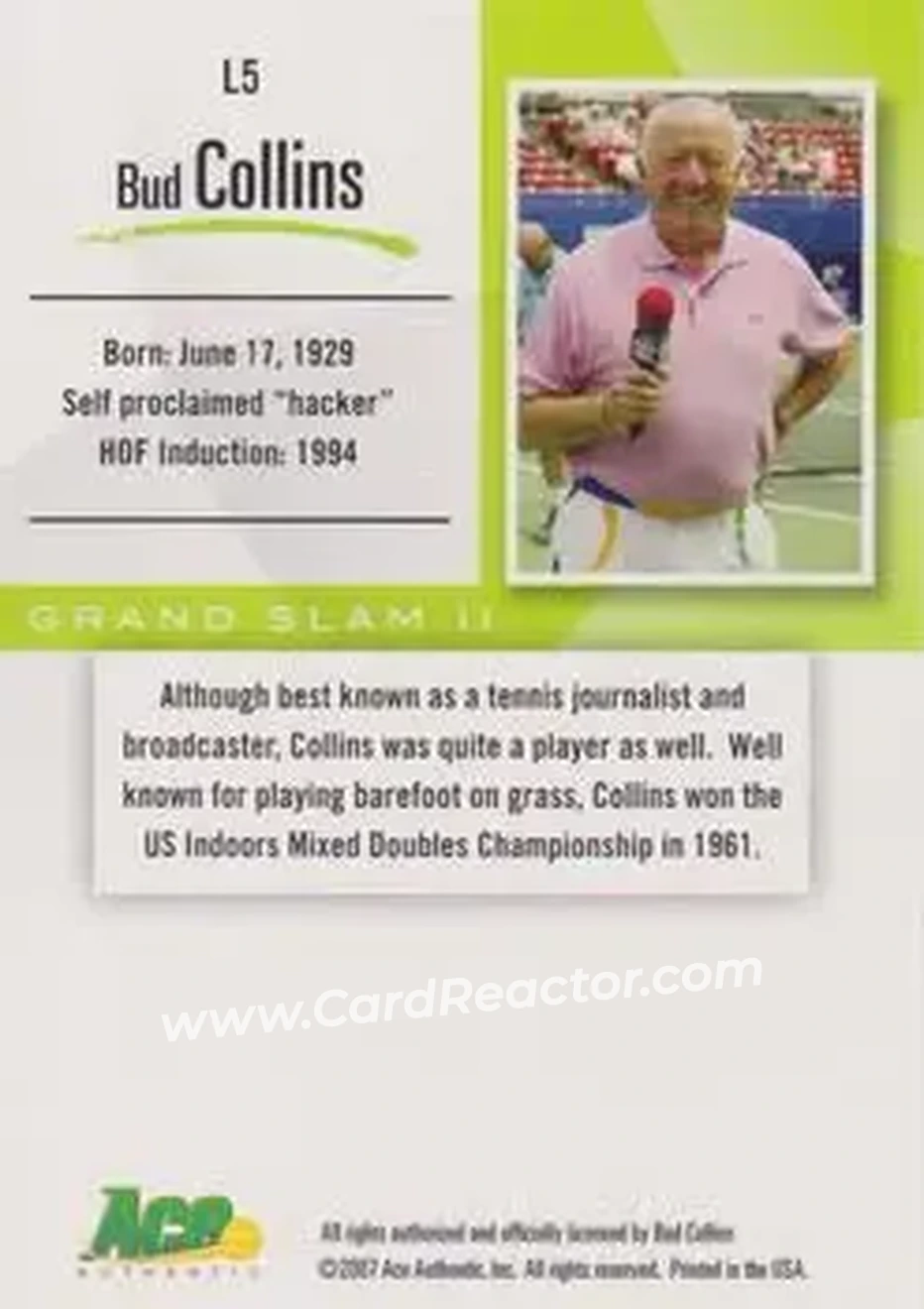 2008 Ace Authentic Grand Slam II #L5 - Bud Collins - Back