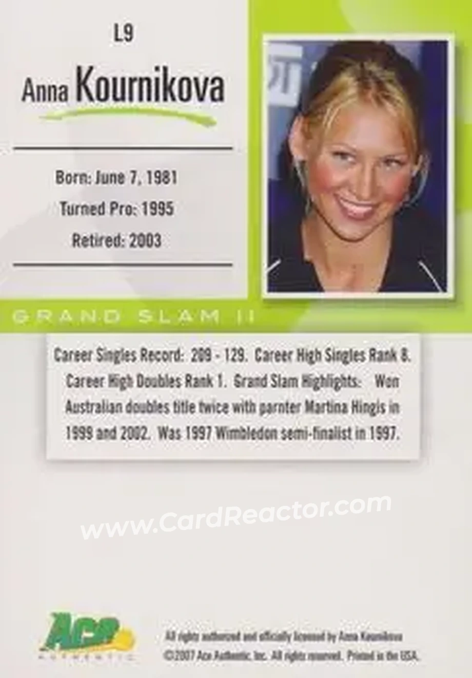 2008 Ace Authentic Grand Slam II #L9 - Anna Kournikova - Back