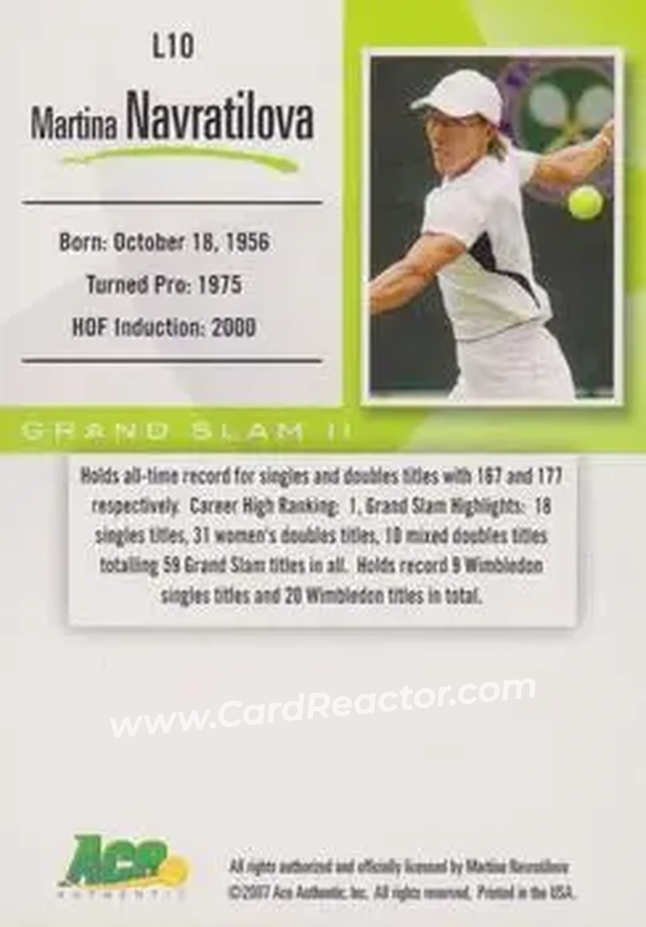 2008 Ace Authentic Grand Slam II #L10 - Martina Navratilova - Back