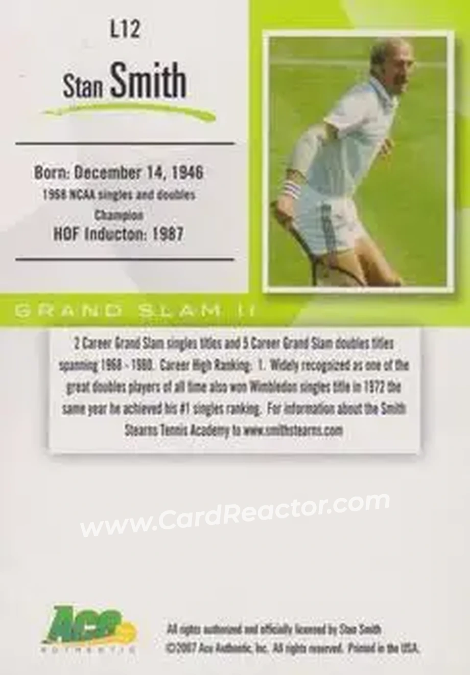 2008 Ace Authentic Grand Slam II #L12 - Stan Smith - Back