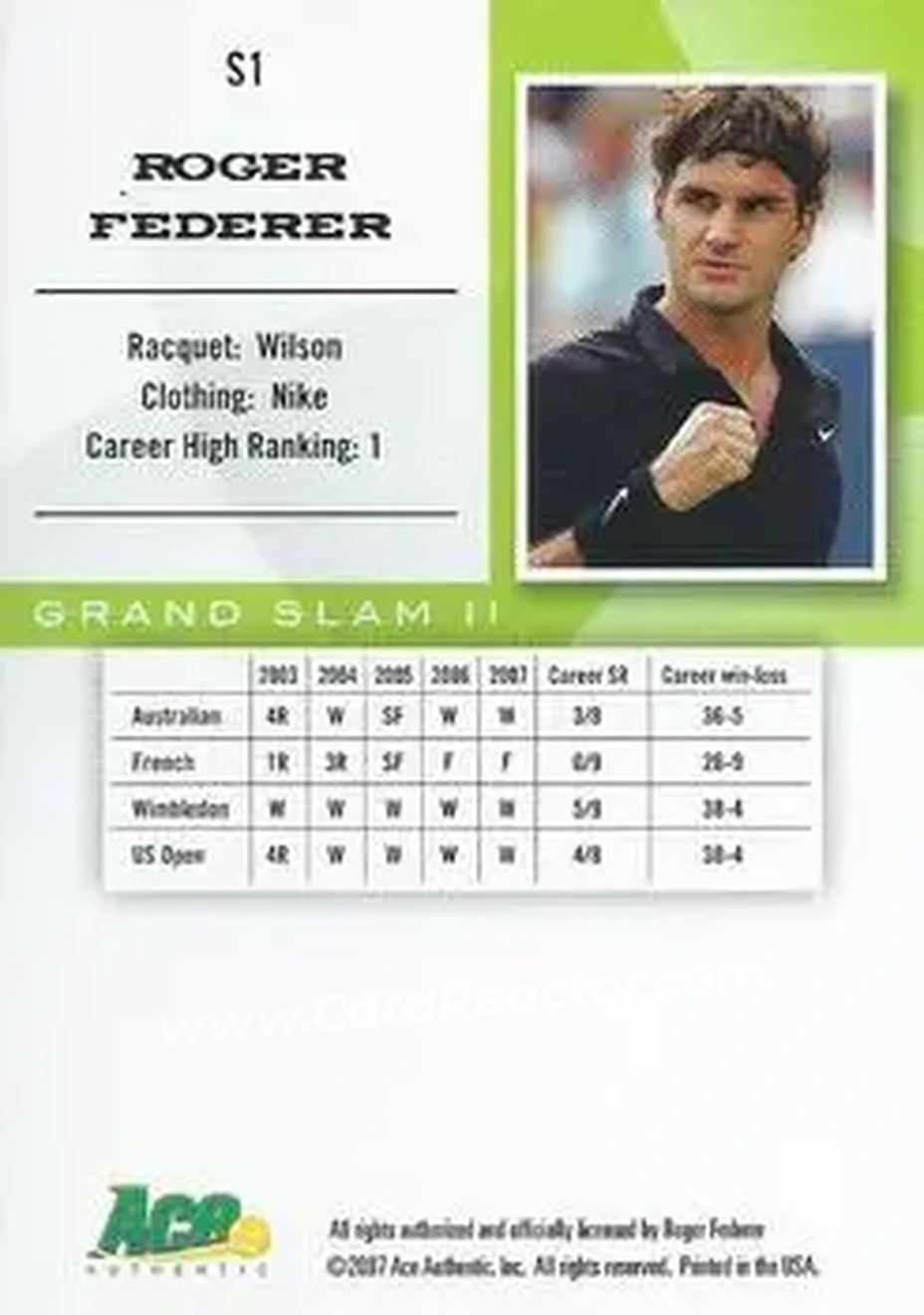 2008 Ace Authentic Grand Slam II #S1 - Roger Federer - Back 2008 Ace Authentic Grand Slam II #S1 - Roger Federer - Back