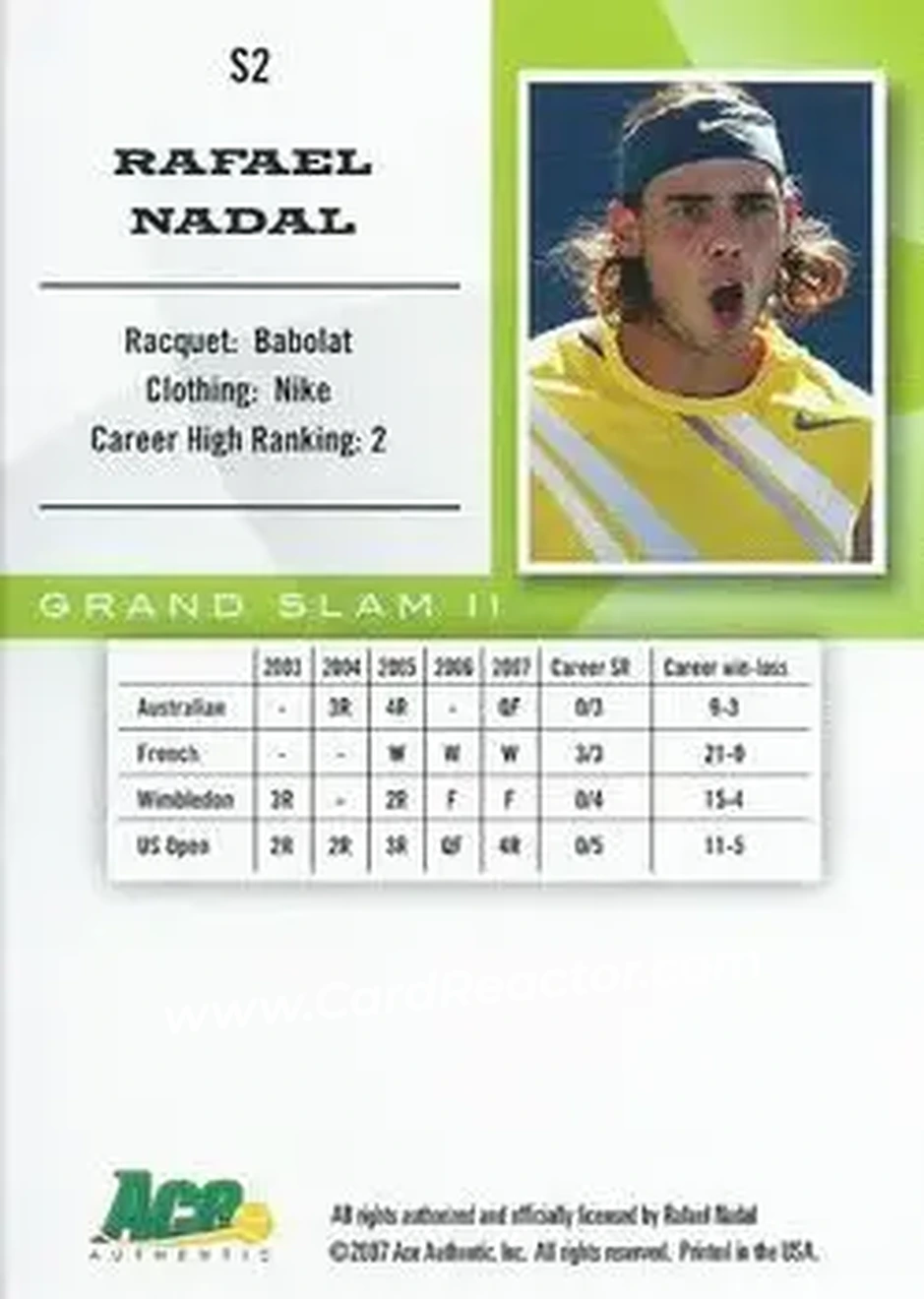 2008 Ace Authentic Grand Slam II #S2 - Rafael Nadal - Back