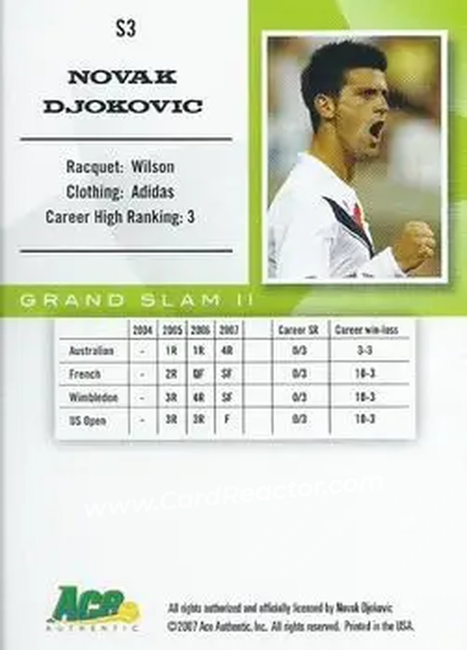 2008 Ace Authentic Grand Slam II #S3 - Novak Djokovic - Back