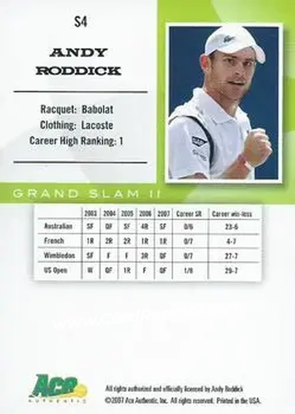 2008 Ace Authentic Grand Slam II #S4 - Andy Roddick - Back 2008 Ace Authentic Grand Slam II #S4 - Andy Roddick - Back