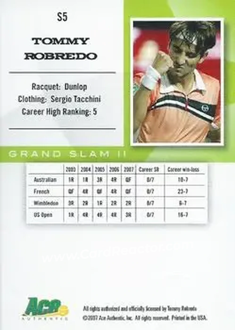 2008 Ace Authentic Grand Slam II #S5 - Tommy Robredo - Back 2008 Ace Authentic Grand Slam II #S5 - Tommy Robredo - Back
