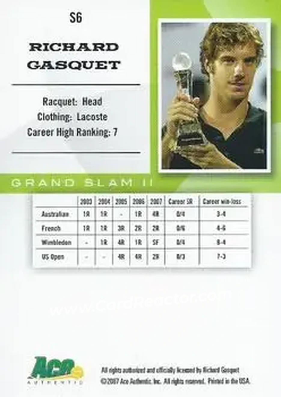 2008 Ace Authentic Grand Slam II #S6 - Richard Gasquet - Back