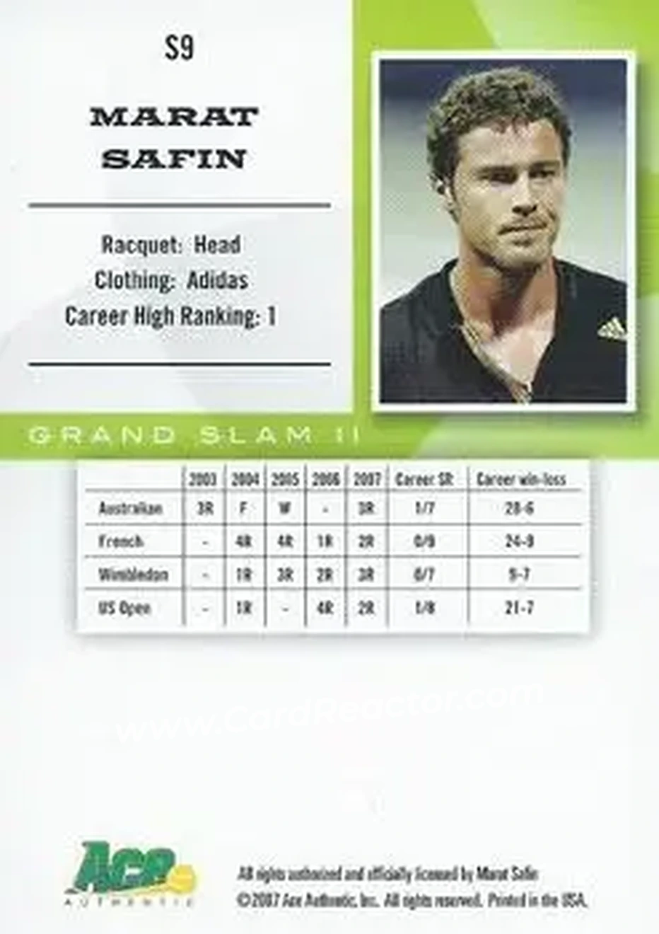 2008 Ace Authentic Grand Slam II #S9 - Marat Safin - Back