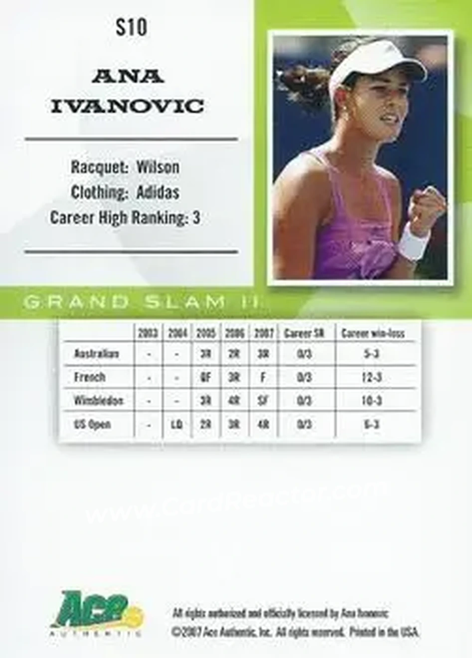 2008 Ace Authentic Grand Slam II #S10 - Ana Ivanovic - Back