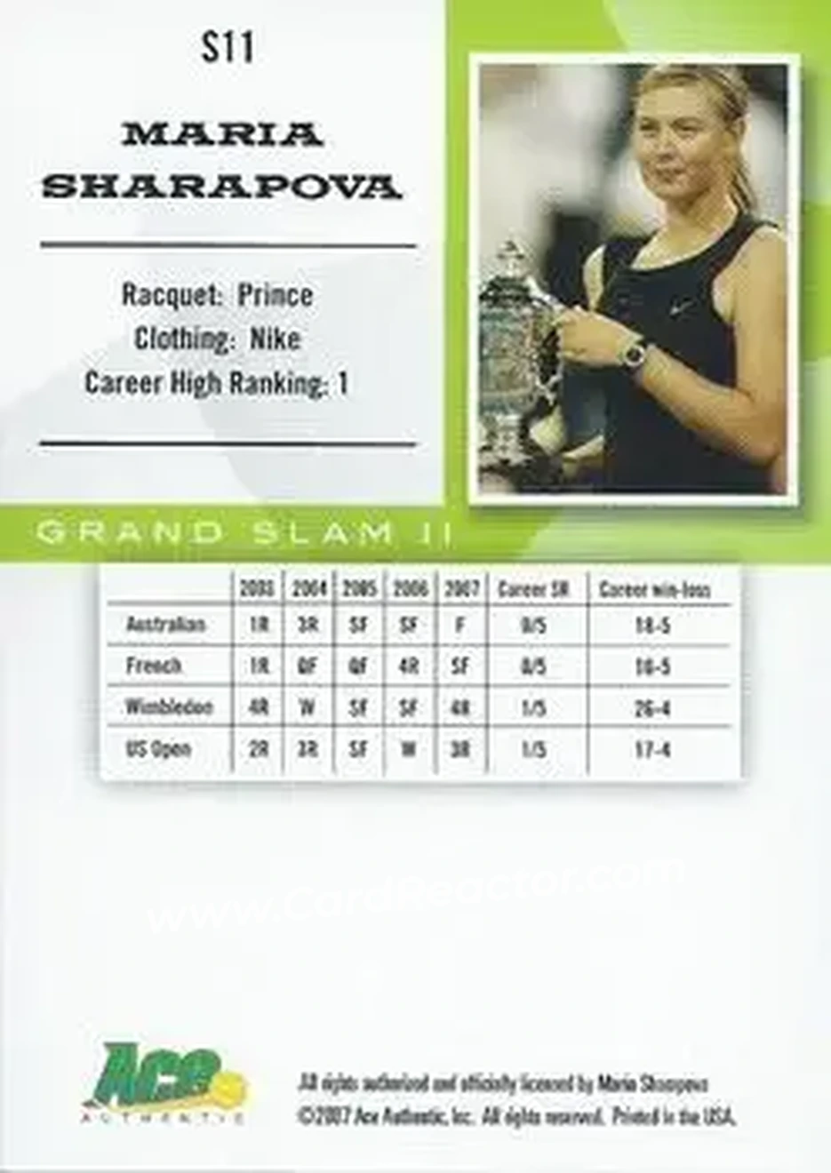 2008 Ace Authentic Grand Slam II #S11 - Maria Sharapova - Back