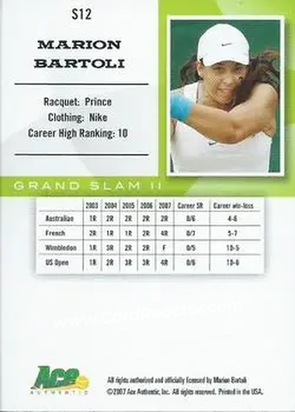 2008 Ace Authentic Grand Slam II #S12 - Marion Bartoli - Back