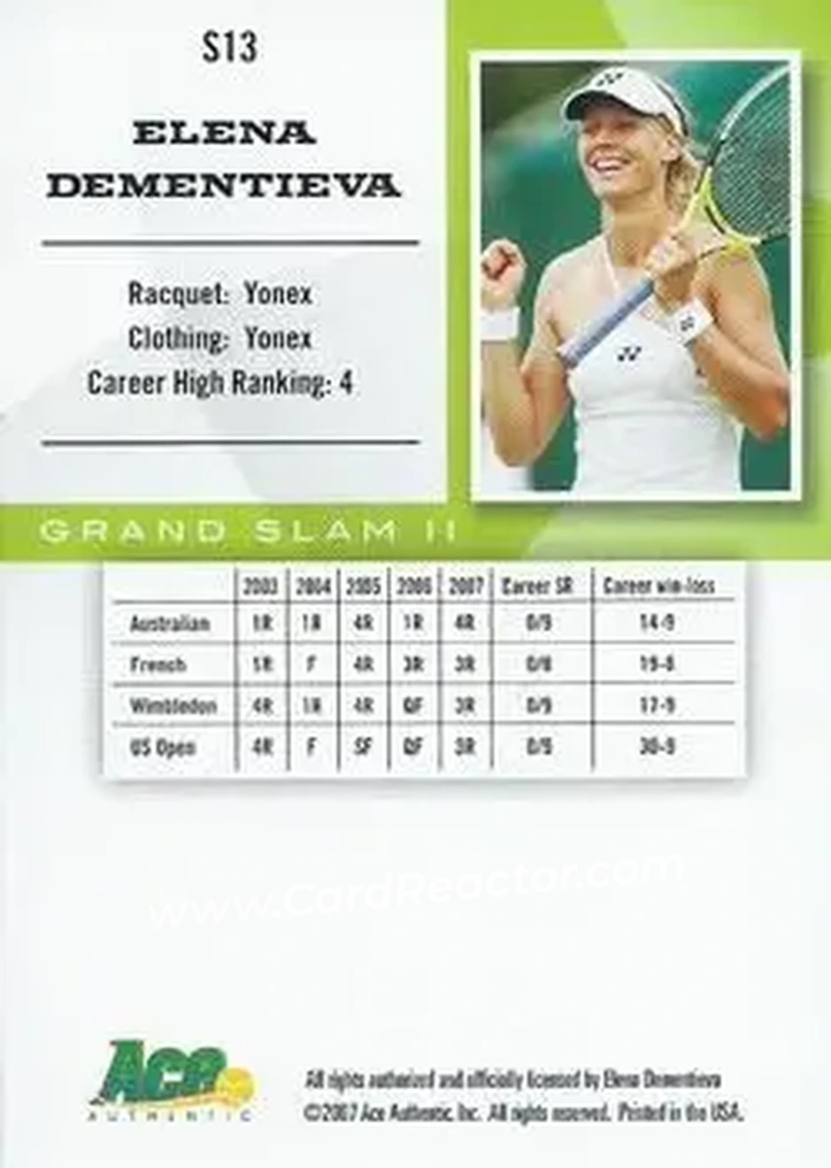 2008 Ace Authentic Grand Slam II #S13 - Elena Dementieva - Back
