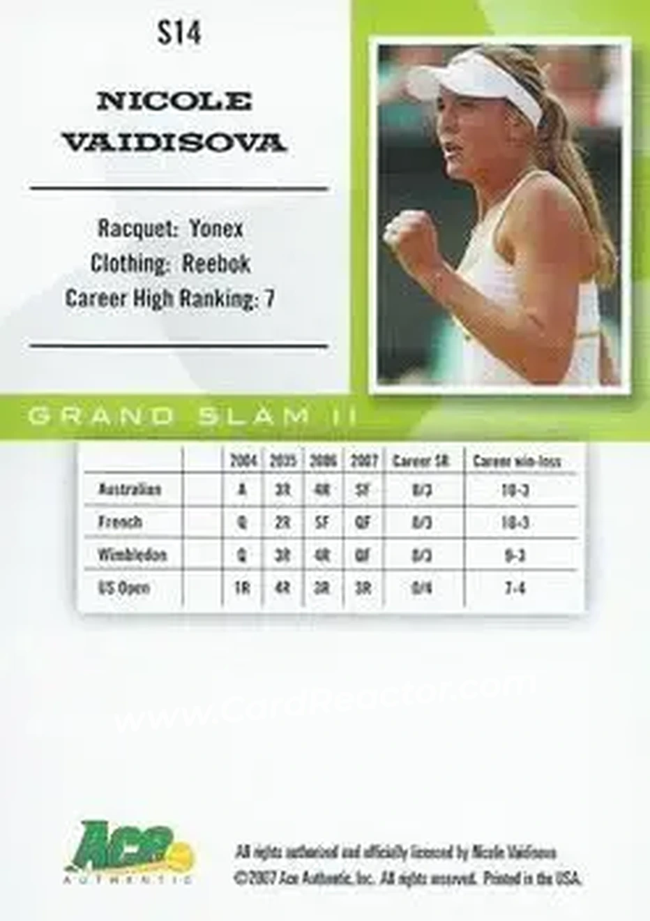 2008 Ace Authentic Grand Slam II #S14 - Nicole Vaidisova - Back