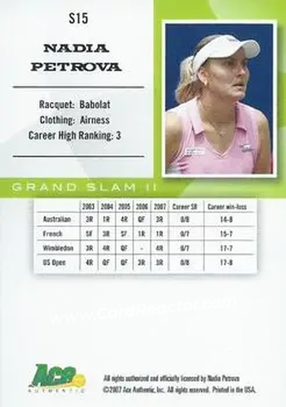 2008 Ace Authentic Grand Slam II #S15 - Nadia Petrova - Back