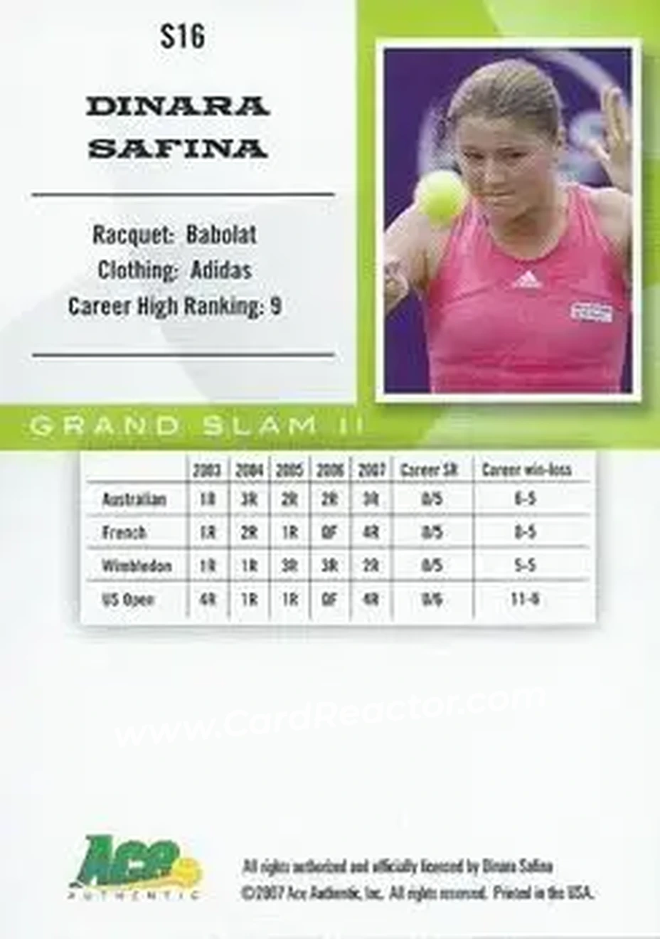 2008 Ace Authentic Grand Slam II #S16 - Dinara Safina - Back