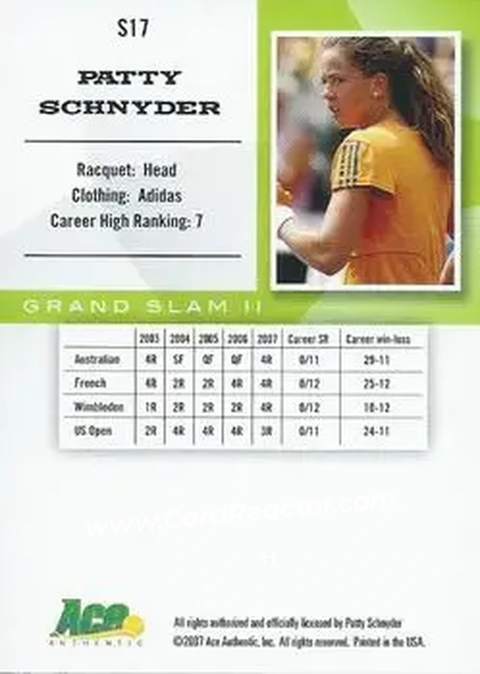 2008 Ace Authentic Grand Slam II #S17 - Patty Schnyder - Back