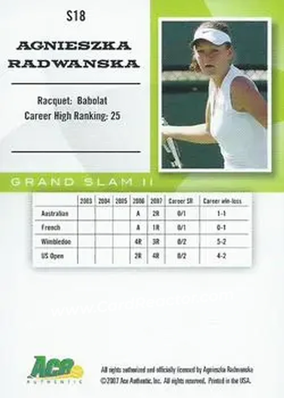 2008 Ace Authentic Grand Slam II #S18 - Agnieszka Radwanska - Back