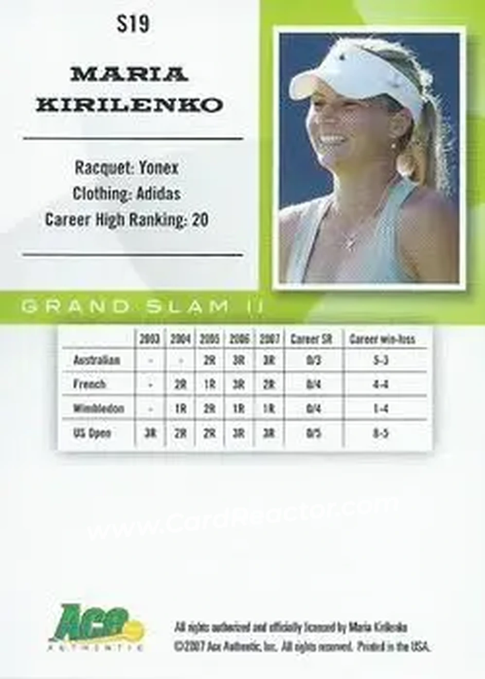2008 Ace Authentic Grand Slam II #S19 - Maria Kirilenko - Back 2008 Ace Authentic Grand Slam II #S19 - Maria Kirilenko - Back