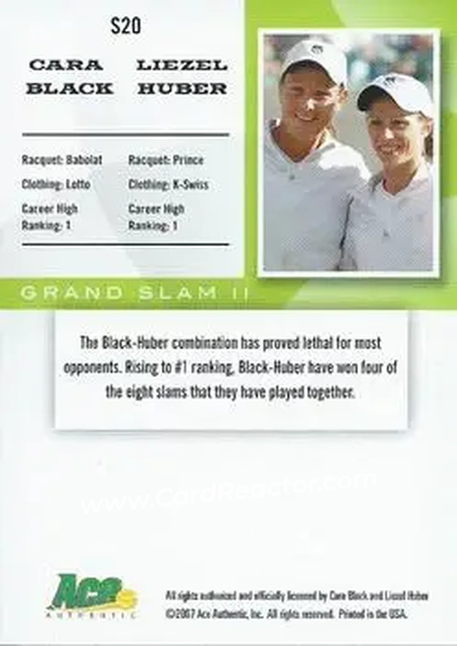 2008 Ace Authentic Grand Slam II #S20 - Liezel Huber - Cara Black - Back