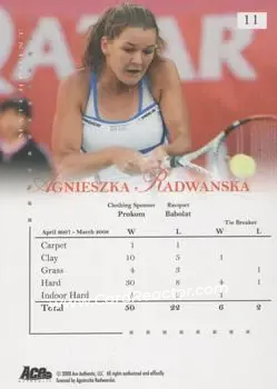 2008 Ace Authentic Match Point #11 - Agnieszka Radwanska - Back 2008 Ace Authentic Match Point #11 - Agnieszka Radwanska - Back