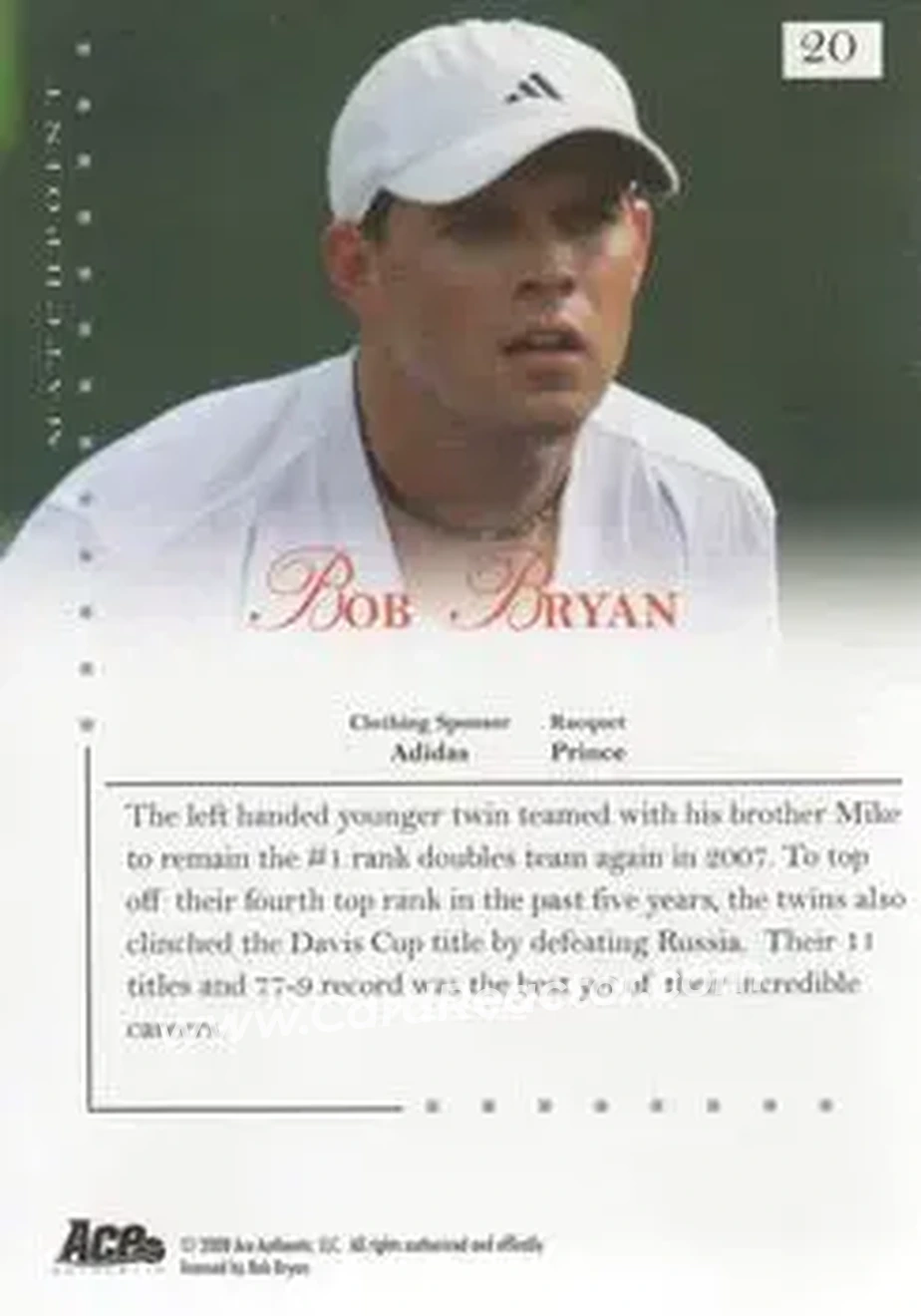 2008 Ace Authentic Match Point #20 - Bob Bryan - Back