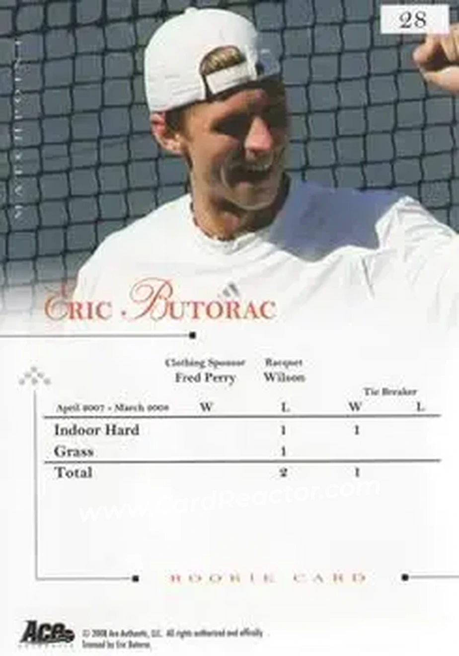 2008 Ace Authentic Match Point #28 - Eric Butorac - Back 2008 Ace Authentic Match Point #28 - Eric Butorac - Back