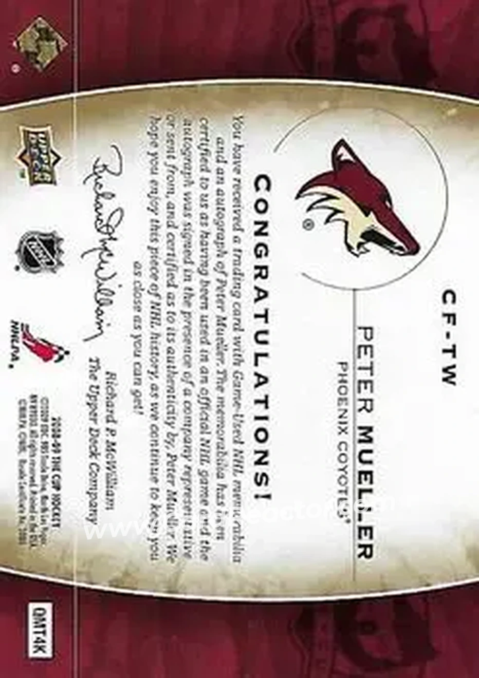 2008-09 Upper Deck The Cup - Cup Foundations Quad Jerseys Autographs #CF-TW - Peter Mueller - Phoenix Coyotes - Back 2008-09 Upper Deck The Cup - Cup Foundations Quad Jerseys Autographs #CF-TW - Peter Mueller - Phoenix Coyotes - Back