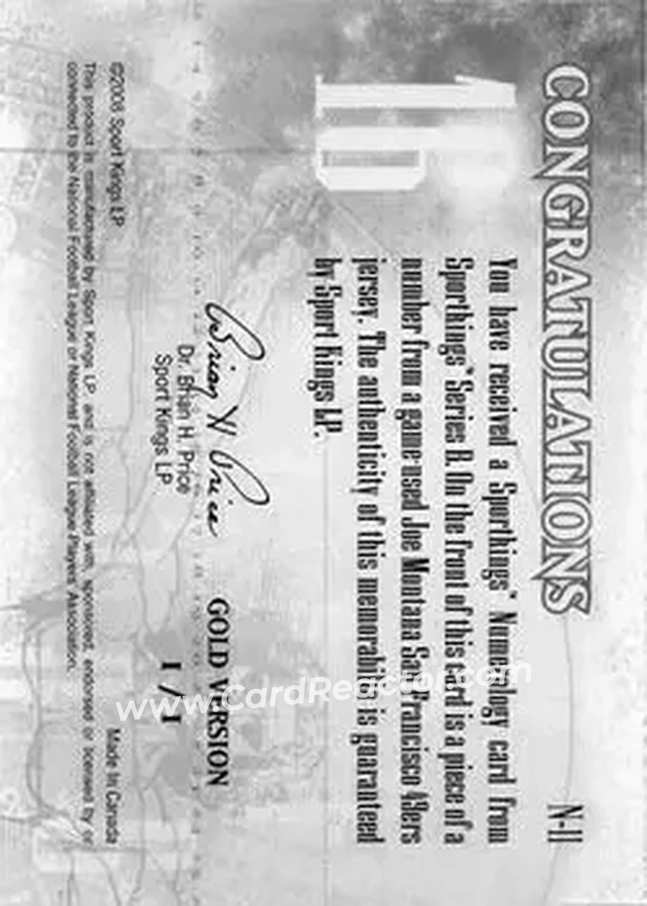 2008 Sportkings Series B - Numerology Gold #N-11 - Joe Montana - Back
