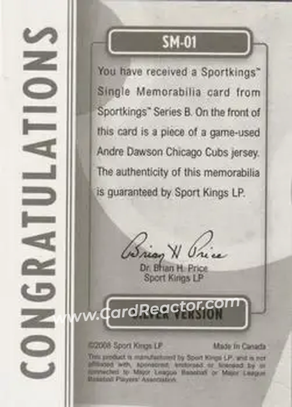 2008 Sportkings Series B - Single Memorabilia Silver #SM-01 - Andre Dawson - Back