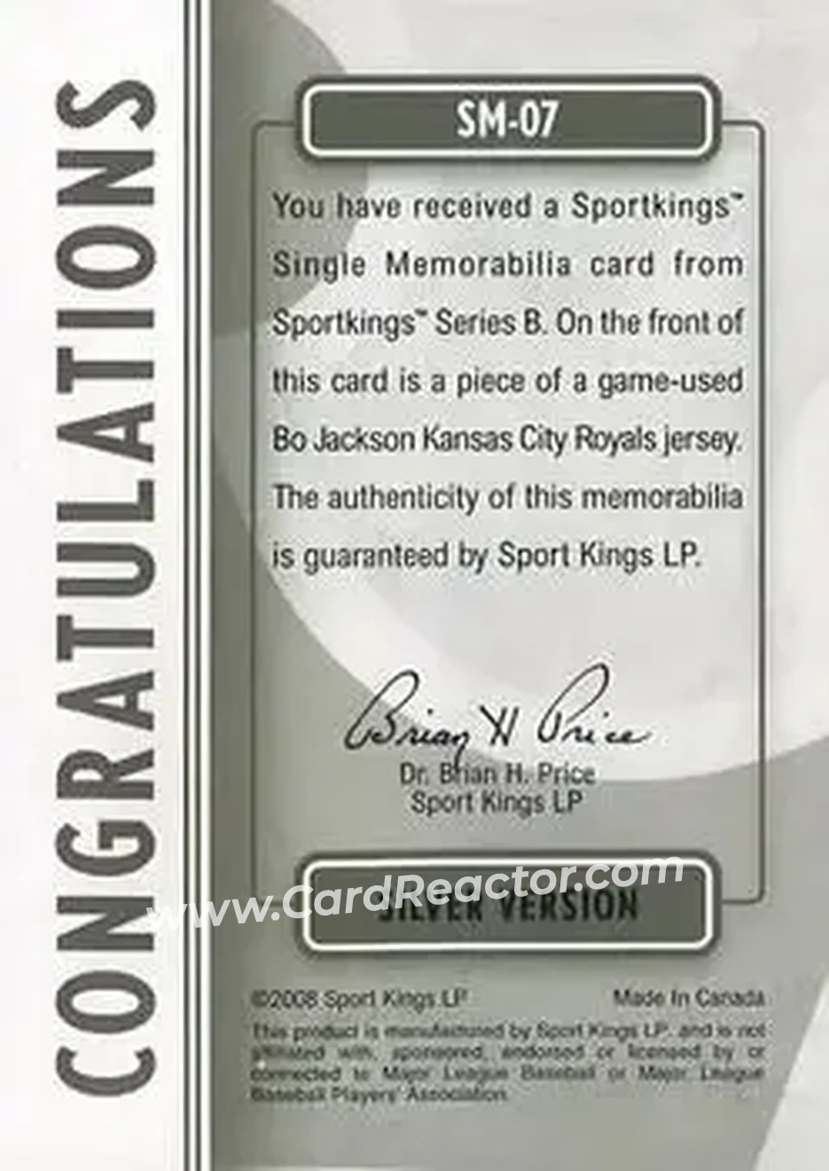 2008 Sportkings Series B - Single Memorabilia Silver #SM-07 - Bo Jackson - Kansas City Royals - Back