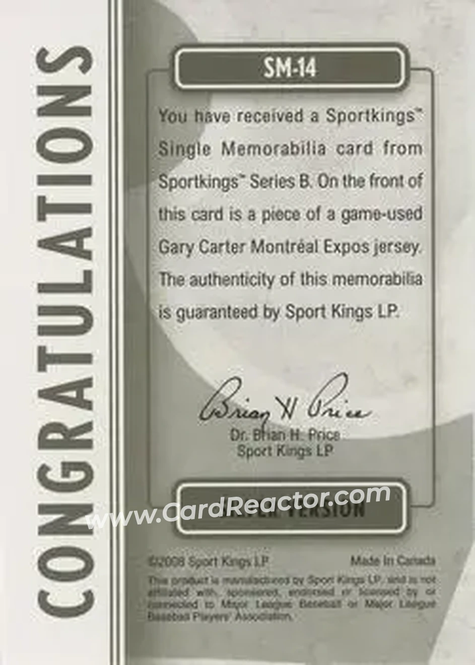 2008 Sportkings Series B - Single Memorabilia Silver #SM-14 - Gary Carter - Montreal Expos - Back 2008 Sportkings Series B - Single Memorabilia Silver #SM-14 - Gary Carter - Montreal Expos - Back
