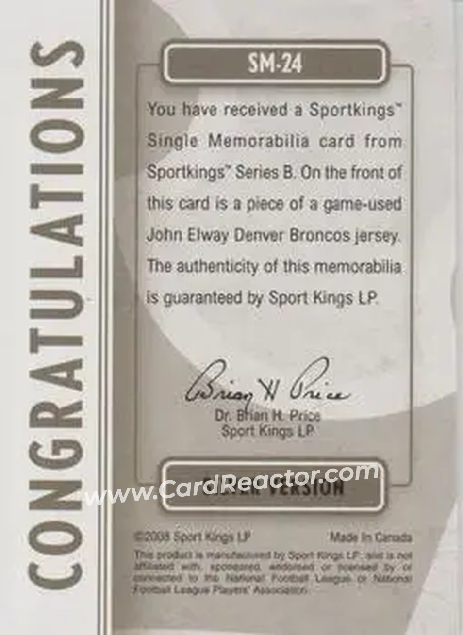 2008 Sportkings Series B - Single Memorabilia Silver #SM-24 - John Elway - Denver Broncos - Back