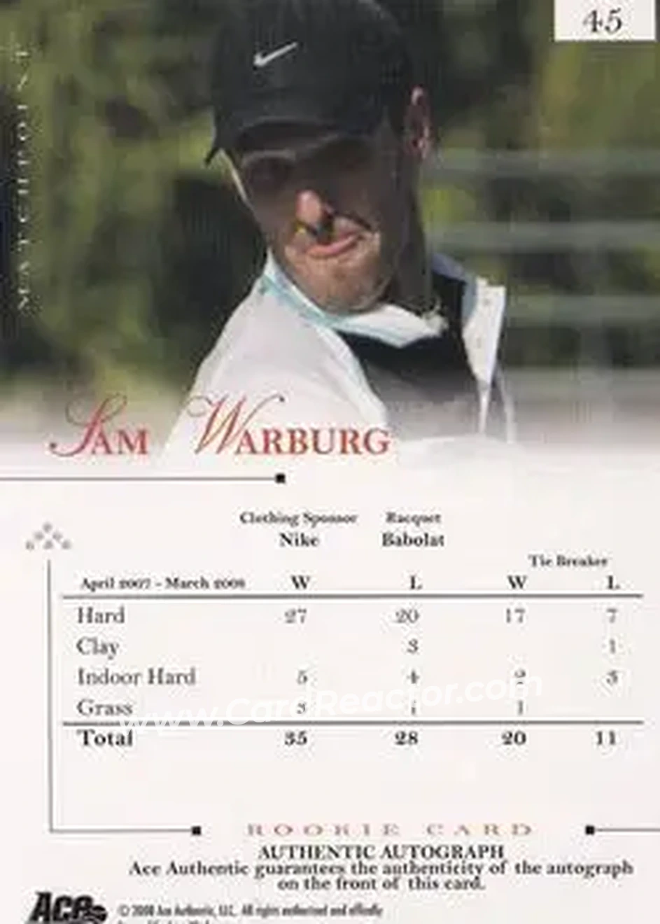 2008 Ace Authentic Match Point - Autographs #45 - Sam Warburg - Back 2008 Ace Authentic Match Point - Autographs #45 - Sam Warburg - Back