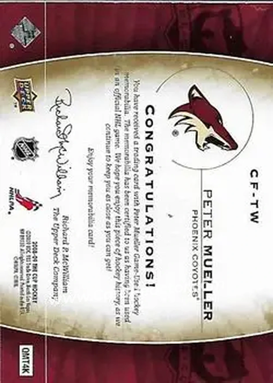 2008-09 Upper Deck The Cup - Cup Foundations Quad Patches #CF-TW - Peter Mueller - Phoenix Coyotes - Back 2008-09 Upper Deck The Cup - Cup Foundations Quad Patches #CF-TW - Peter Mueller - Phoenix Coyotes - Back