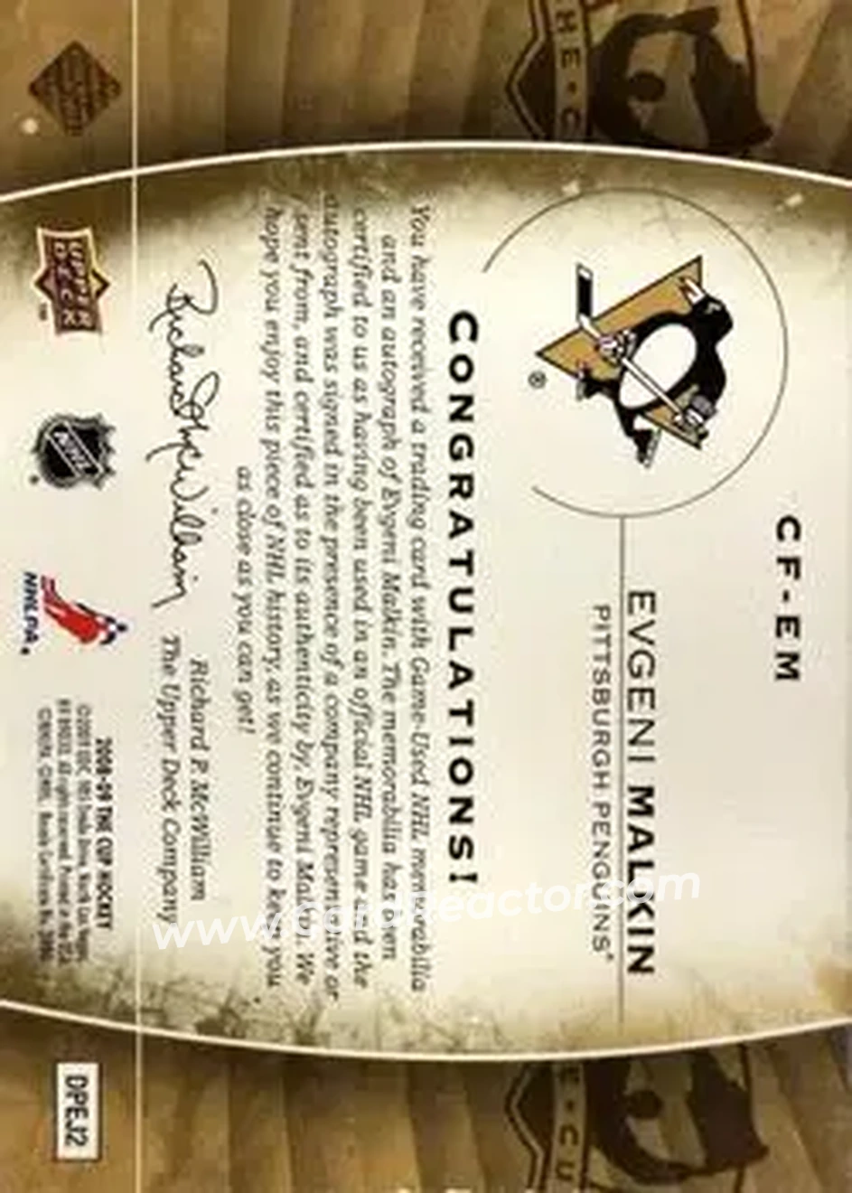 2008-09 Upper Deck The Cup - Cup Foundations Quad Patches Autographs #CF-EM - Evgeni Malkin - Pittsburgh Penguins - Back 2008-09 Upper Deck The Cup - Cup Foundations Quad Patches Autographs #CF-EM - Evgeni Malkin - Pittsburgh Penguins - Back