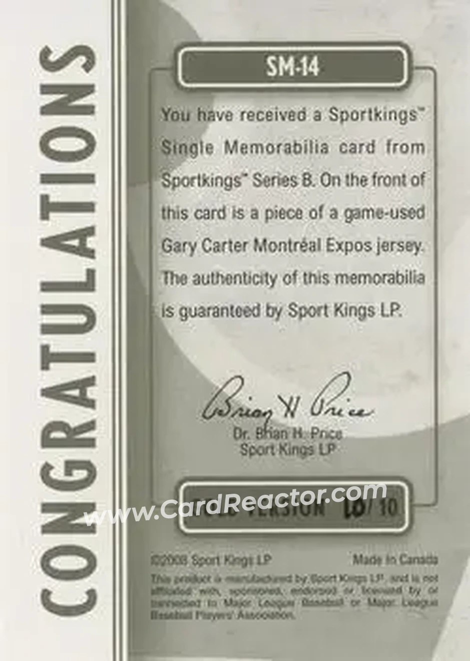 2008 Sportkings Series B - Single Memorabilia Gold #SM-14 - Gary Carter - Montreal Expos - Back 2008 Sportkings Series B - Single Memorabilia Gold #SM-14 - Gary Carter - Montreal Expos - Back