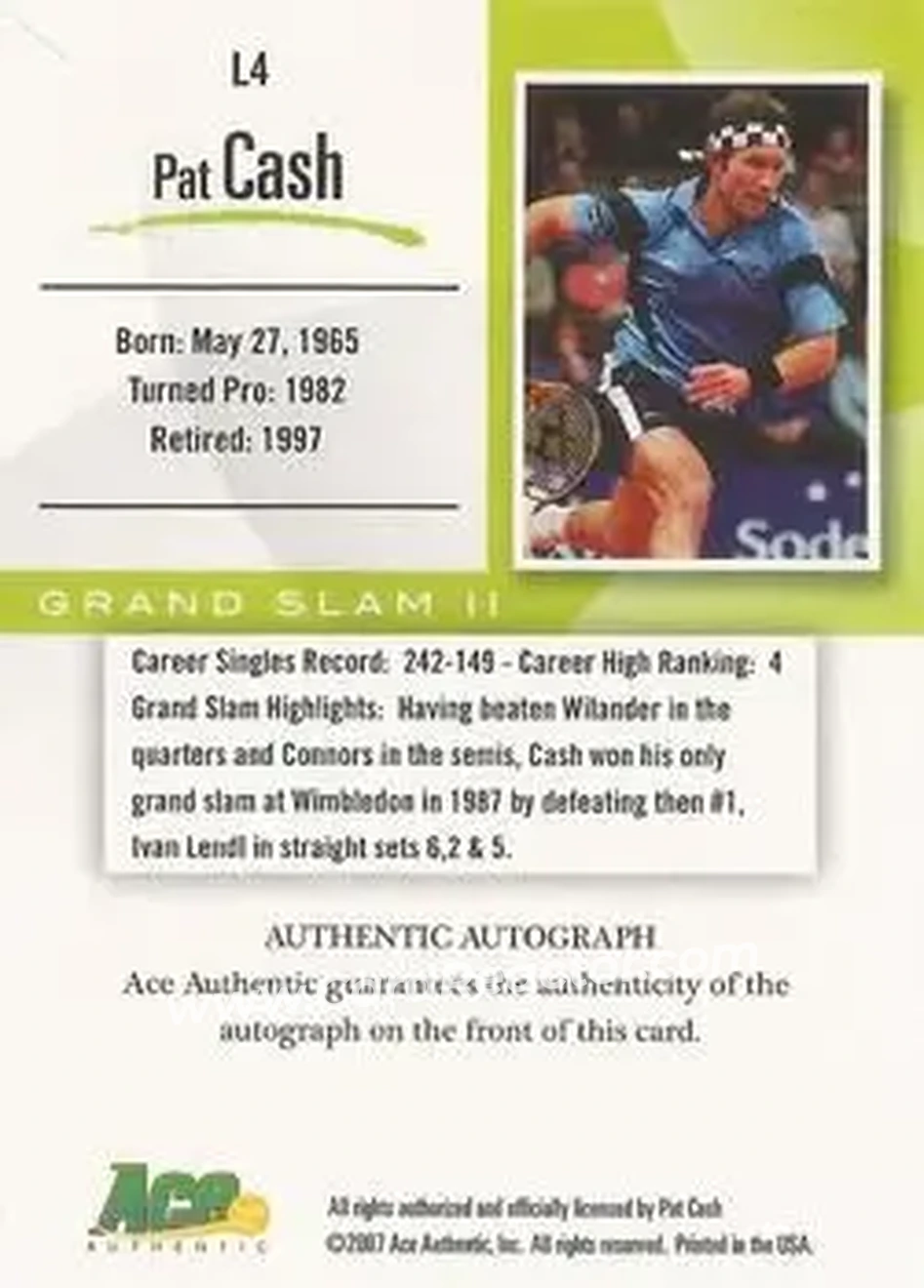 2008 Ace Authentic Grand Slam - Legends Autographs Gold #L4 - Pat Cash - Back