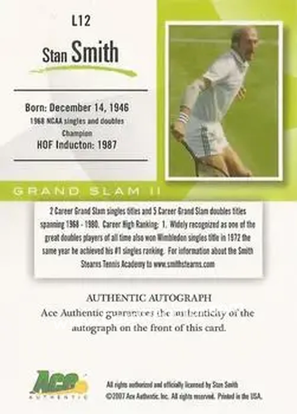 2008 Ace Authentic Grand Slam - Legends Autographs Gold #L12 - Stan Smith - Back 2008 Ace Authentic Grand Slam - Legends Autographs Gold #L12 - Stan Smith - Back