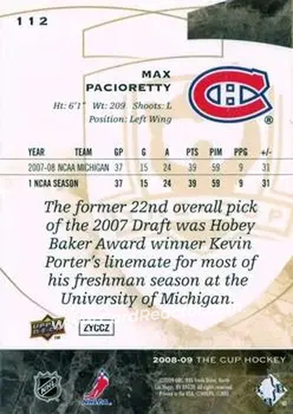 2008-09 Upper Deck The Cup - Gold #112 - Max Pacioretty - Montreal Canadiens - Back