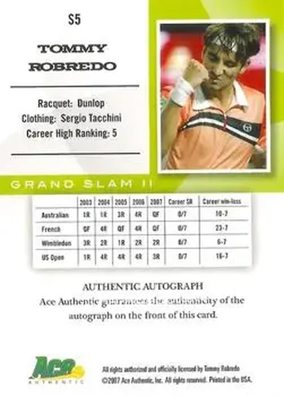 2008 Ace Authentic Grand Slam - Stars Autographs Bronze #S5 - Tommy Robredo - Back