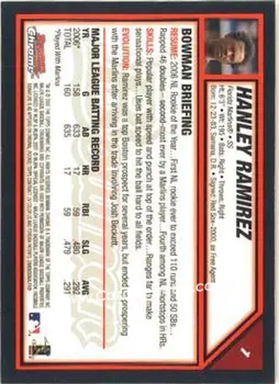 2007 Bowman Chrome #1 - Hanley Ramirez - Florida Marlins - Back