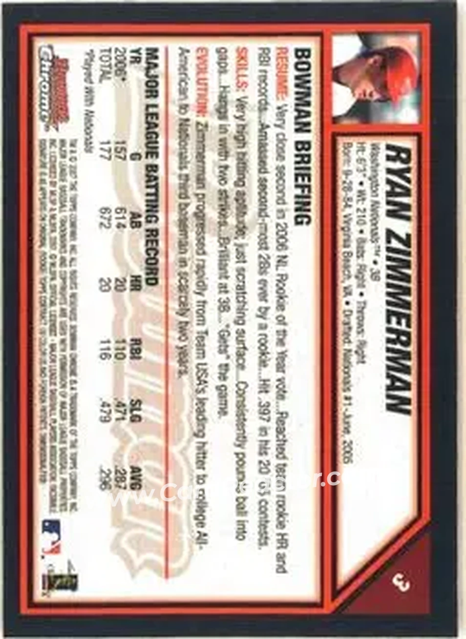 2007 Bowman Chrome #3 - Ryan Zimmerman - Washington Nationals - Back