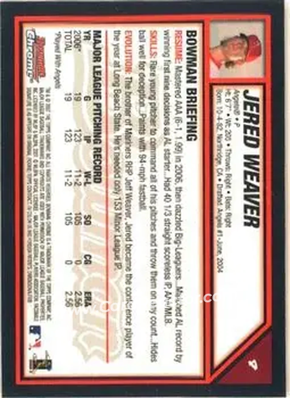 2007 Bowman Chrome #4 - Jered Weaver - Los Angeles Angels - Back