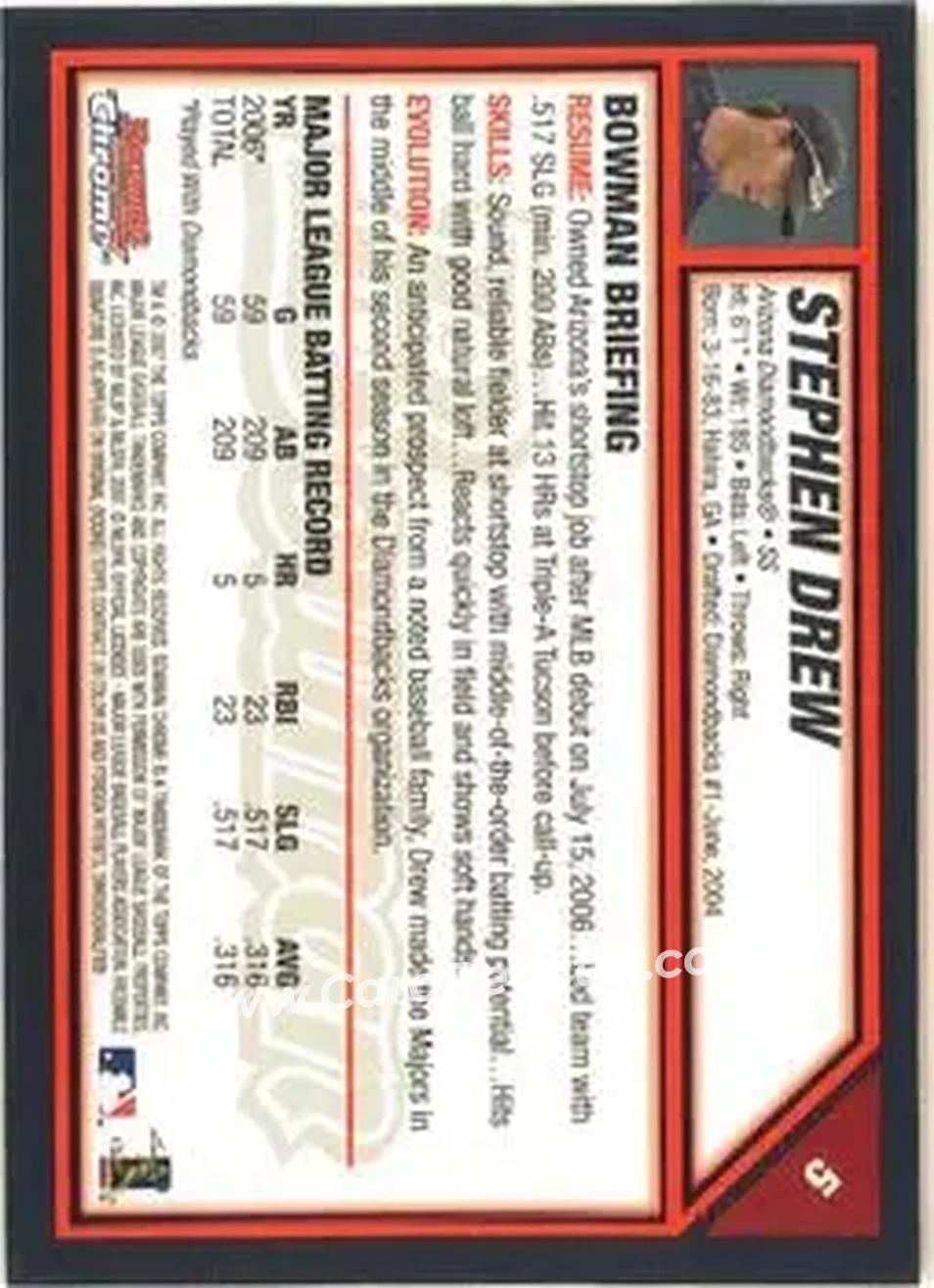 2007 Bowman Chrome #5 - Stephen Drew - Arizona Diamondbacks - Back