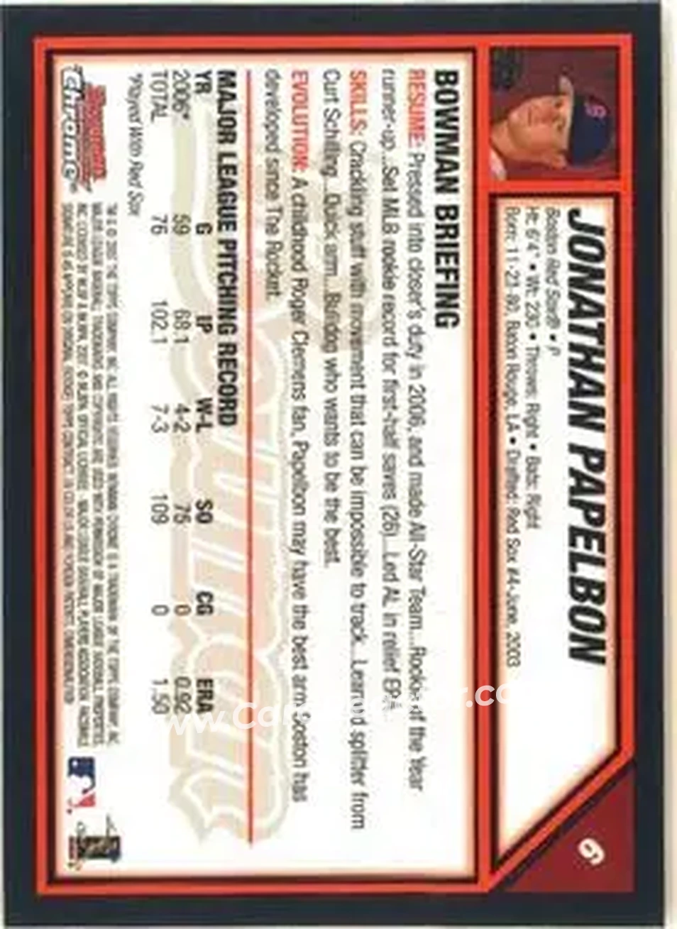 2007 Bowman Chrome #6 - Jonathan Papelbon - Boston Red Sox - Back