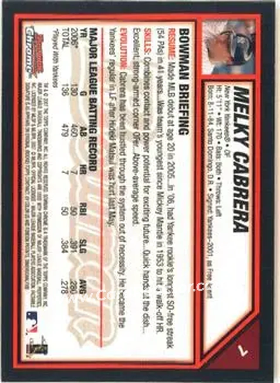 2007 Bowman Chrome #7 - Melky Cabrera - New York Yankees - Back