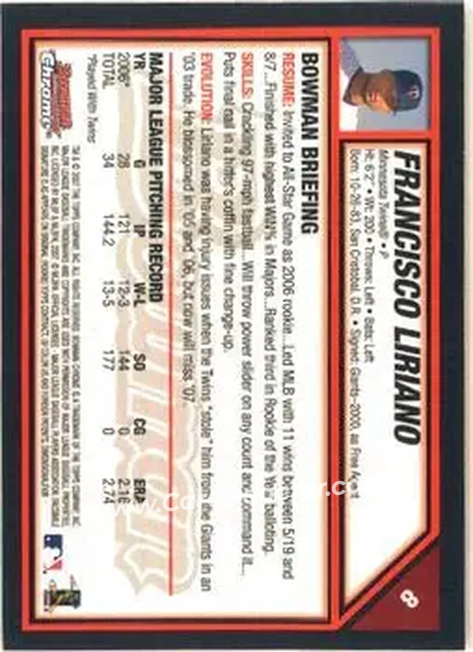 2007 Bowman Chrome #8 - Francisco Liriano - Minnesota Twins - Back 2007 Bowman Chrome #8 - Francisco Liriano - Minnesota Twins - Back
